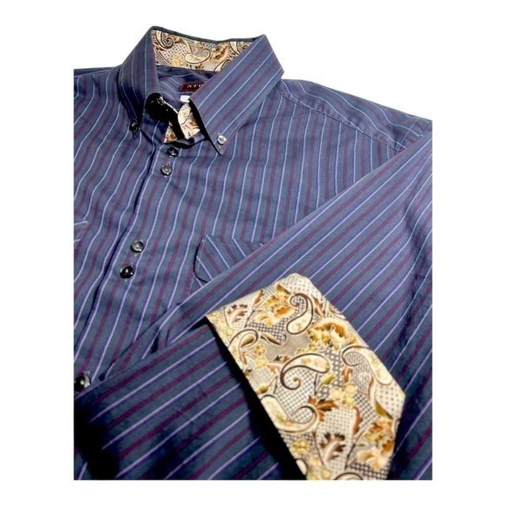 Strada Italy Mens Long Sleeve XL Black Purple Striped Paisley Flip Cuff‎
